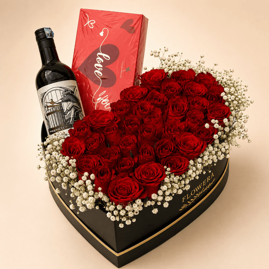 Noir Rouge black heart box with red roses, chocolate and wine