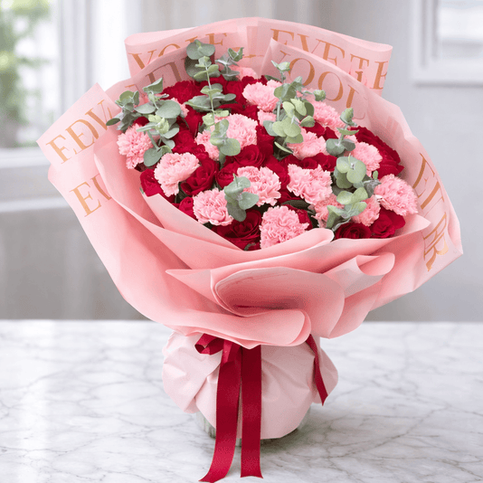 Scarlett Mae red roses and pink carnations bouquet