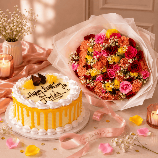 Tropical Fiesta birthday cake and flower bouquet combo